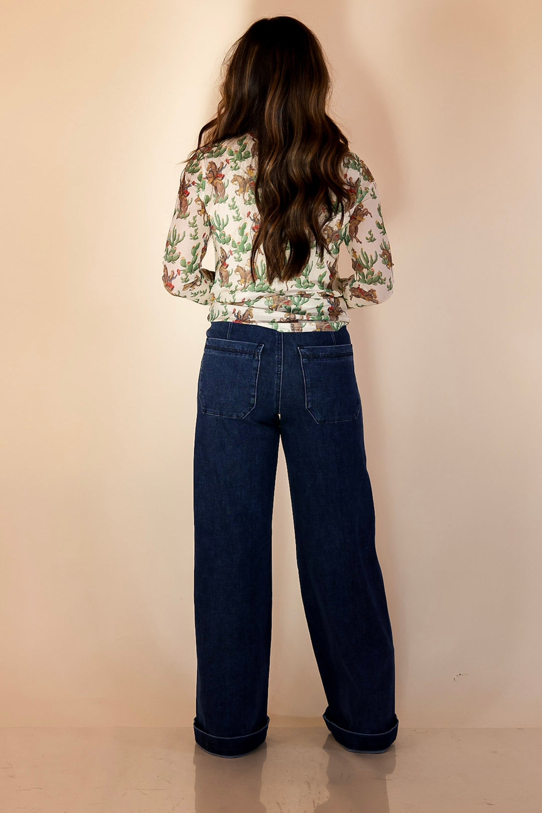 Western Dream Cowboy and Cacti Print Long Sleeve Mesh Top in Ivory