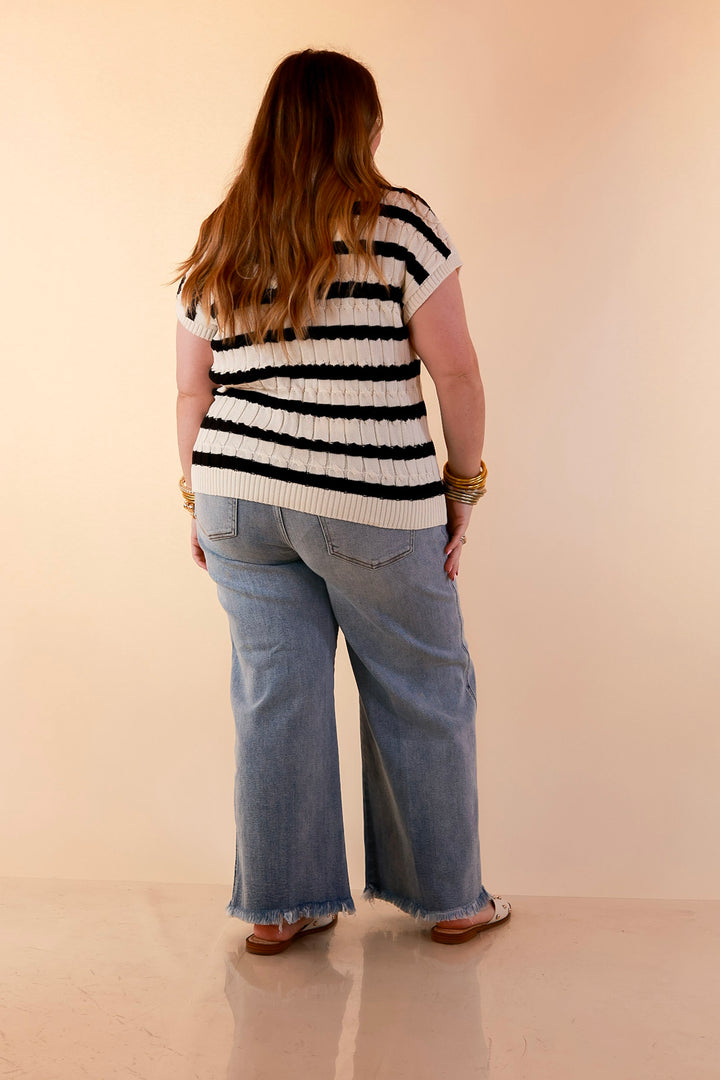 Signature Stripe Drop Shoulder Cable Knit Collared Polo Top in Ivory with Black Stripes