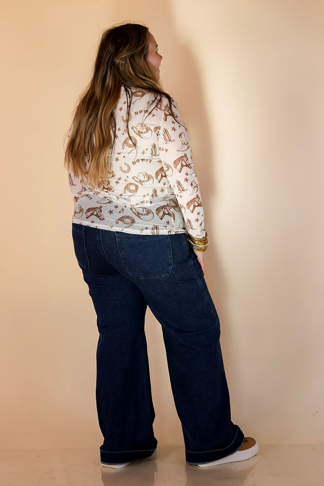 Western Dream Brown Western Icon Print Mesh Long Sleeve Top in Ivory