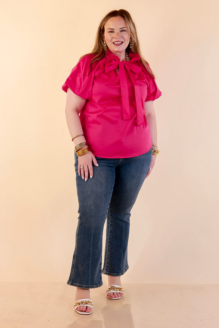 Make It Memorable Short Puff Sleeve Tie Neck Blouse with Gathered Neckline in Fuchsia Pink