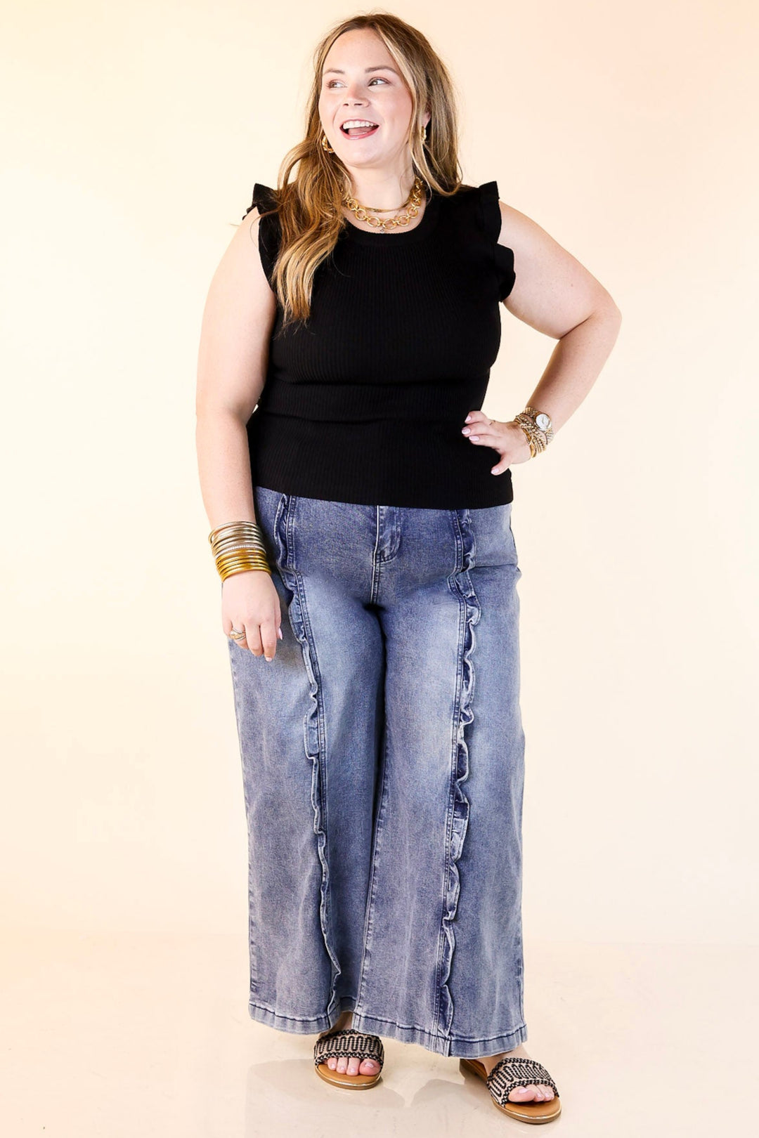 Ripple & Roll Denim Wide Leg Jean with Ruffled Front Seam in Acid Wash