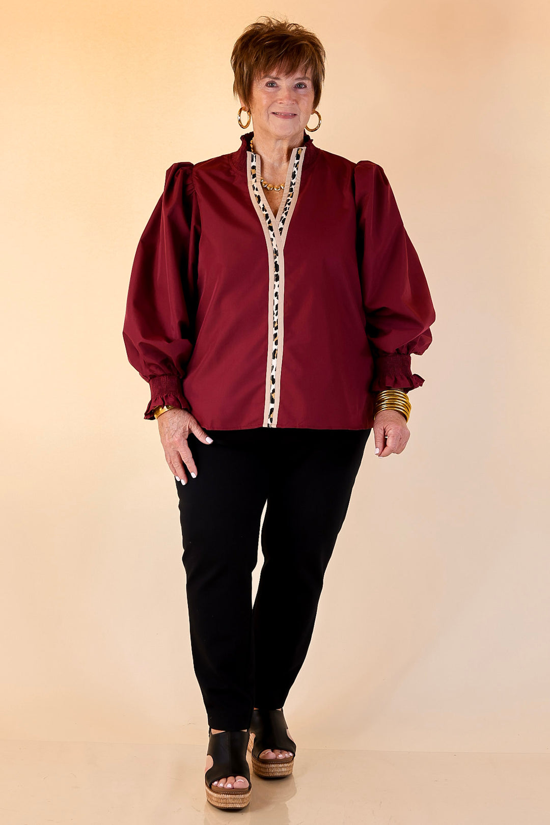 Trimmed in Style Puff Long Sleeve Blouse with Contrast Leopard Trim and Ruffle in Maroon