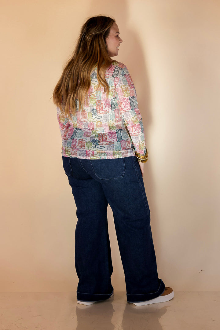 Western Dream Neon Boot Print Mesh Long Sleeve Top in White