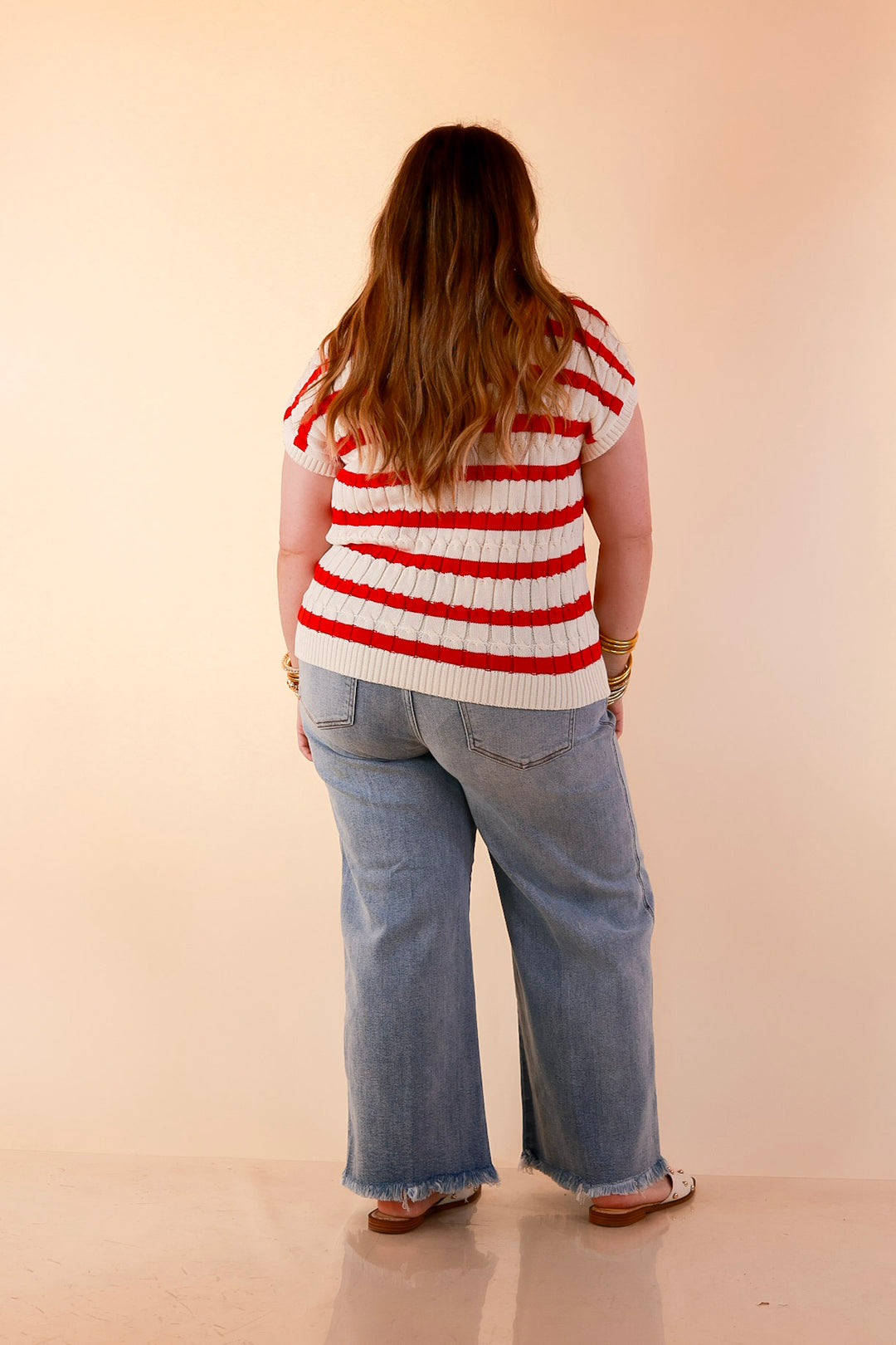 Signature Stripe Drop Shoulder Cable Knit Collared Polo Top in Ivory with Red Stripes