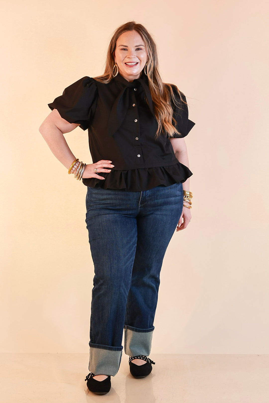 Present Company Solid Button Down Peplum Bubble Sleeve Tie Collar Top in Black