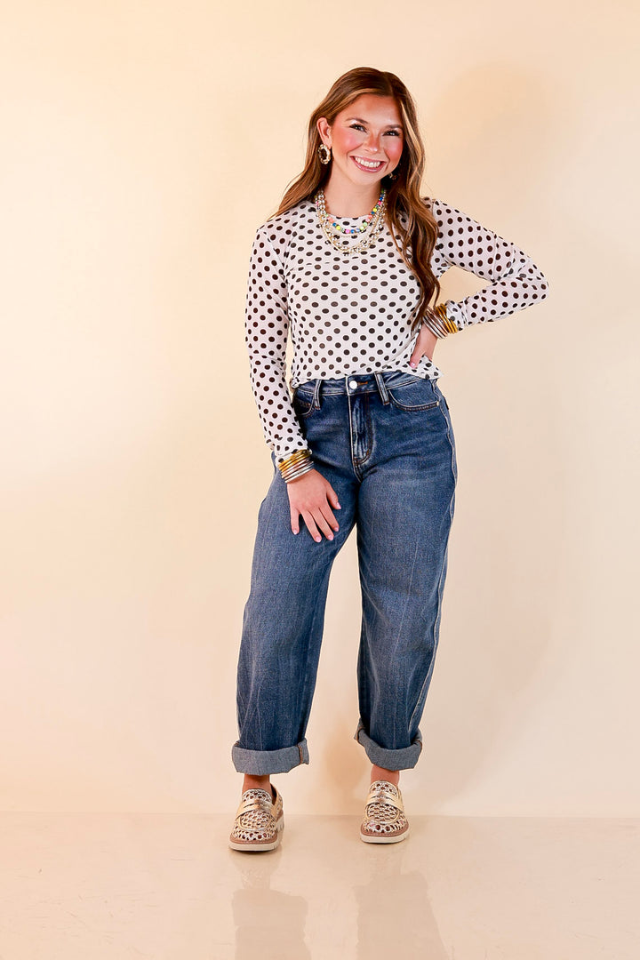 The Essential Layer Black Polka Dot Print Sheer Mesh Long Sleeve Top in White