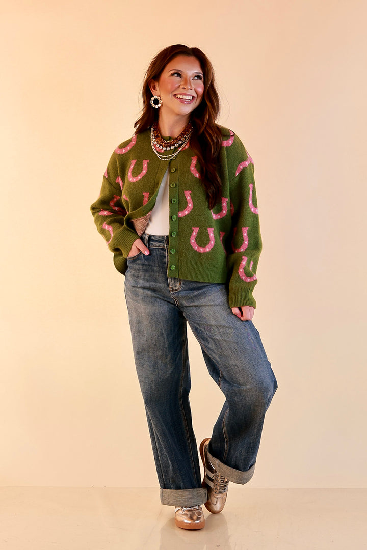 Lucky in Love Horseshoe Print Button Front Cardigan Sweater in Olive Green and Pink