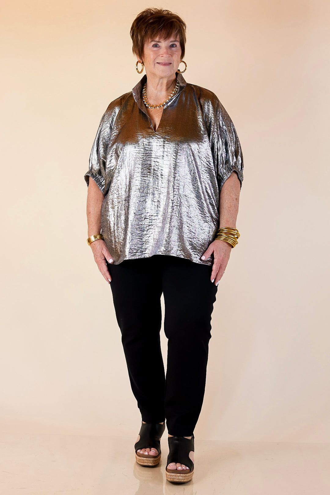 Naturally Stylish Shimmer Metallic Poncho Top in Silver