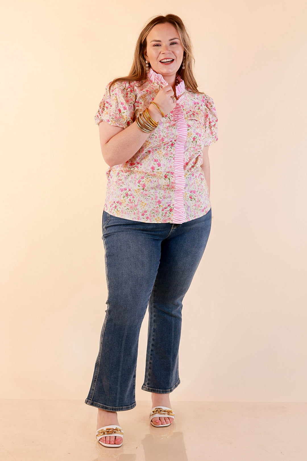 Bloom with Grace Short Puff Sleeve Ruffle Trim Button Front Floral Peplum Top in Pink