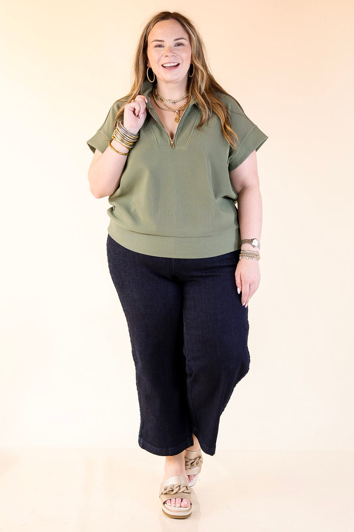 Top Priority Half Zip Collared Ribbed Top in Olive Green