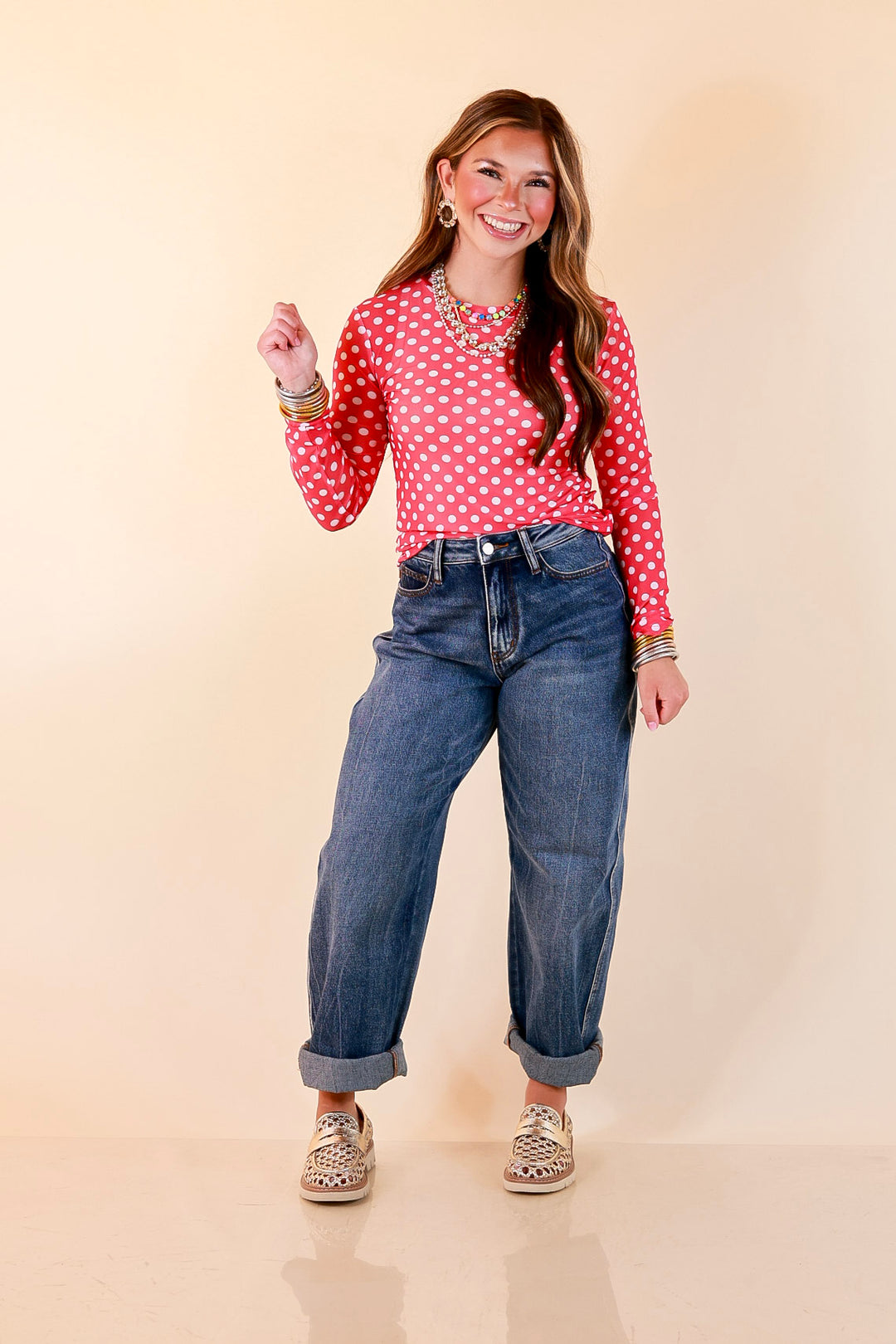 The Essential Layer White Polka Dot Print Sheer Mesh Long Sleeve Top in Hot Pink