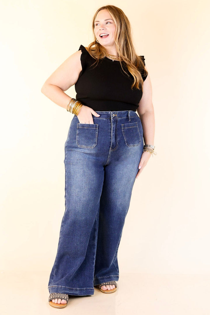 Patch Me In Denim Wide Leg Jean with Front Patch Pocket in Dark Wash