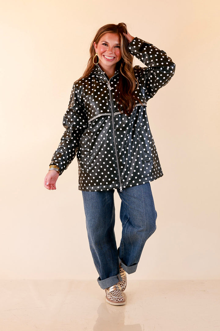 Lulu Mac | Chic Forecast Ivory Polka Dot Hooded Rain Jacket in Black