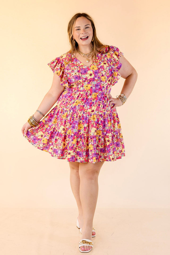 Blooming Beauty Floral V Neck Dress with Ruffle Cap Sleeves in Pink