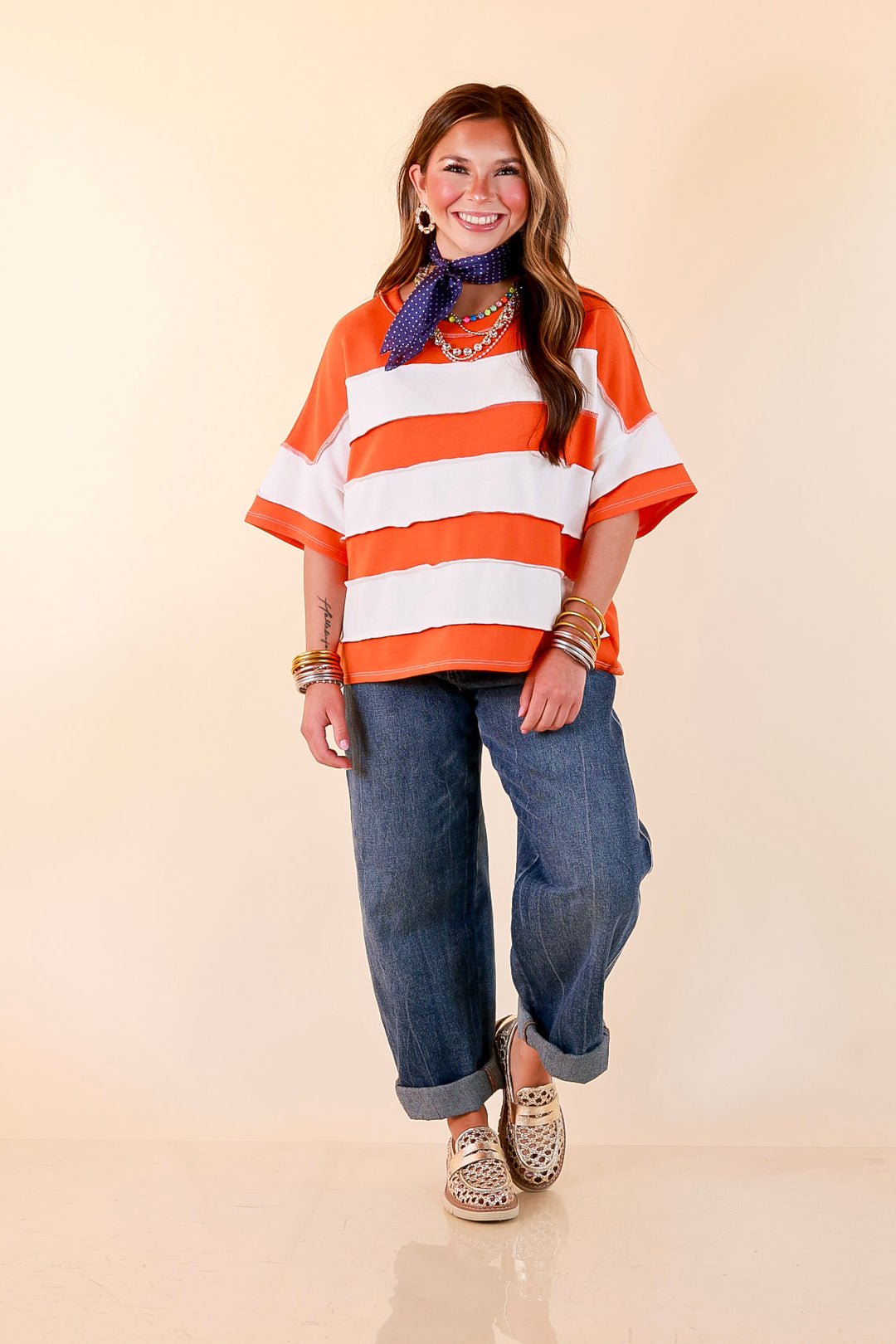 Simply Styled Color Block Rugby Style Relaxed Short Sleeve Top in Orange