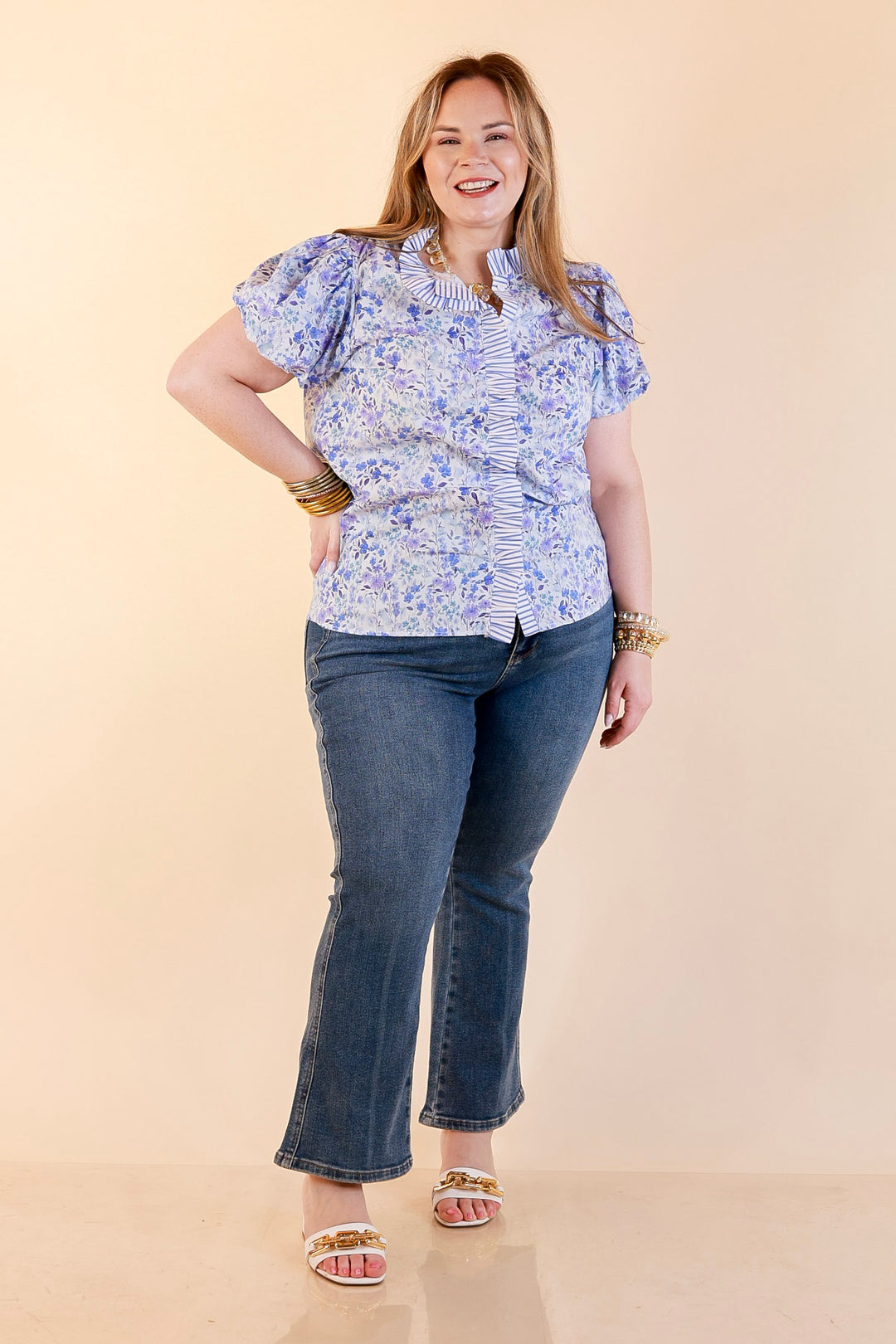 Bloom with Grace Short Puff Sleeve Ruffle Trim Button Front Floral Peplum Top in Blue