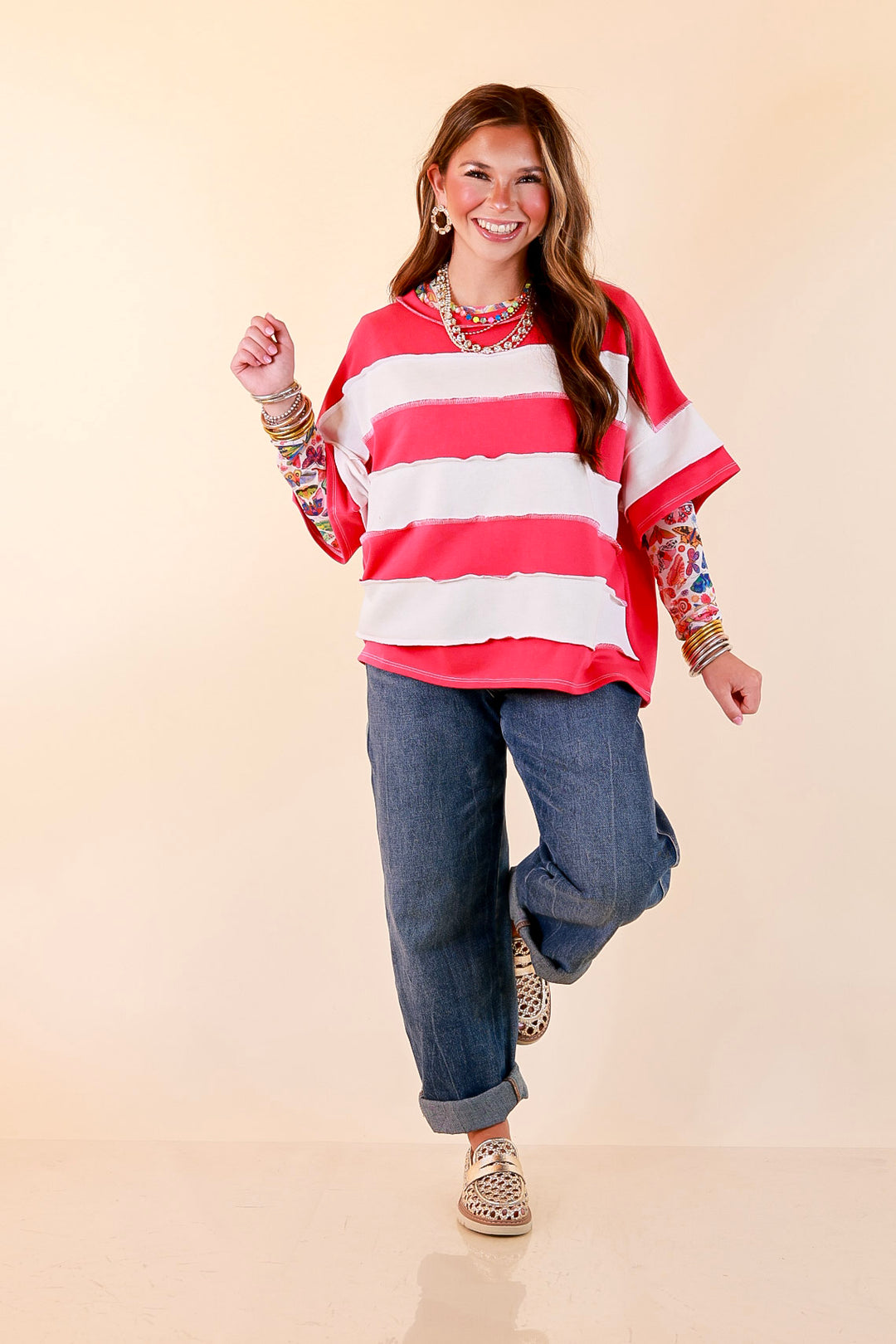 Simply Styled Color Block Rugby Style Relaxed Short Sleeve Top in Hot Pink