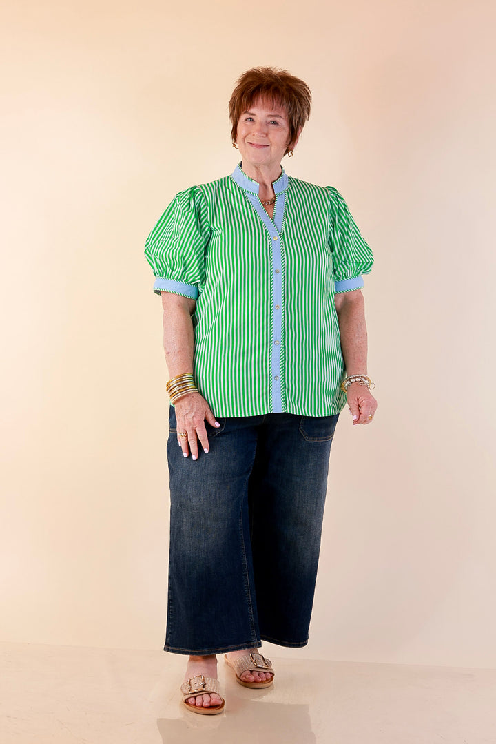 Pop of Polish Short Puff Sleeve Button Front Top with Contrast Trim in Kelly Green, White and Sky Blue