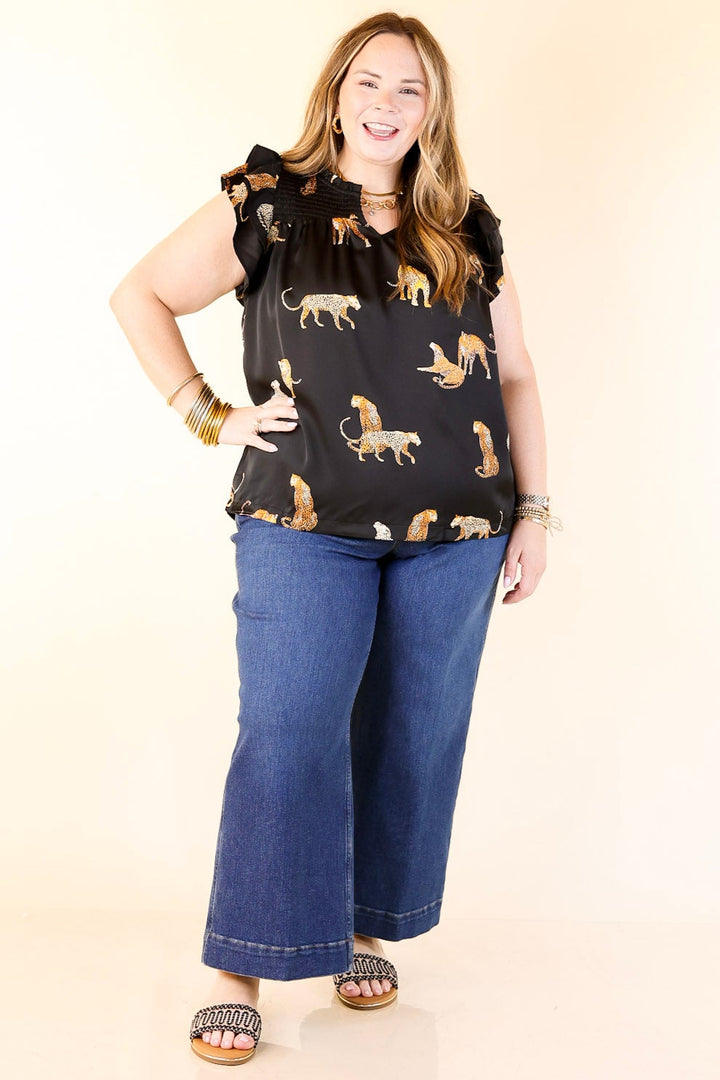 Wildly Sweet Leopard Print Blouse with Smoked Yoke and Ruffle Sleeves in Black