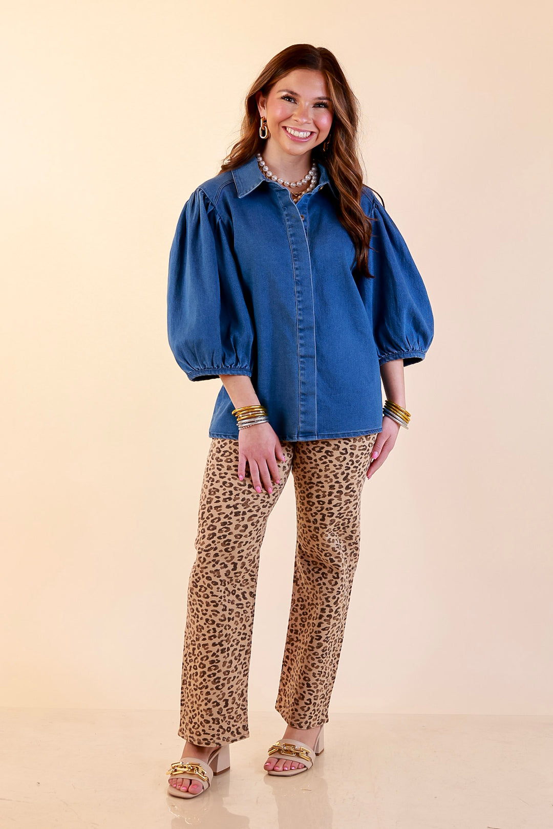 Clean Cut Charm Puff Sleeve Button Front Denim Top with Collar in Medium Wash