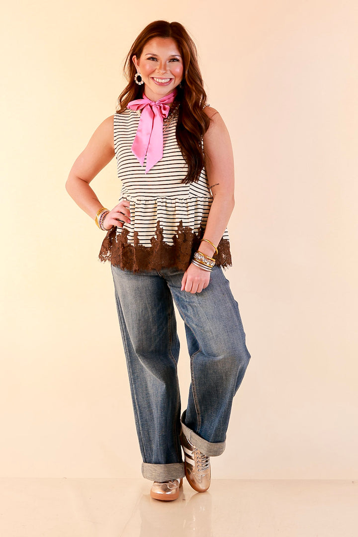 Sweet on Style Striped Peplum Sleeveless Tank Top with Lace Trim Detailing in Ivory and Chocolate Brown