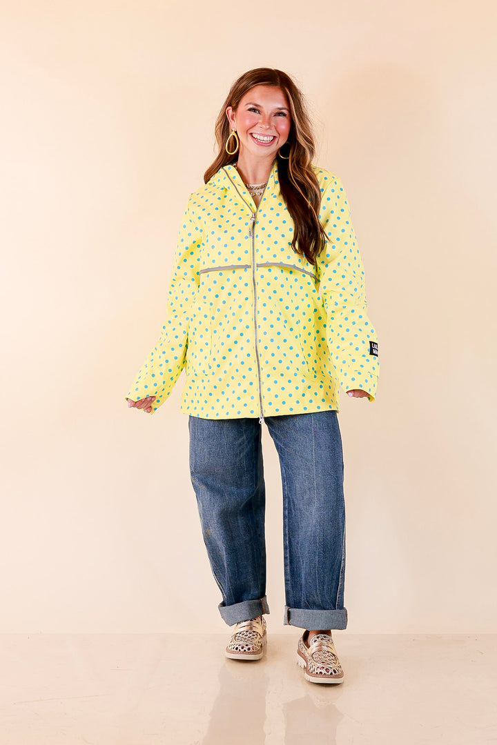 Lulu Mac | Chic Forecast Turquoise Blue Polka Dot Hooded Rain Jacket in Yellow