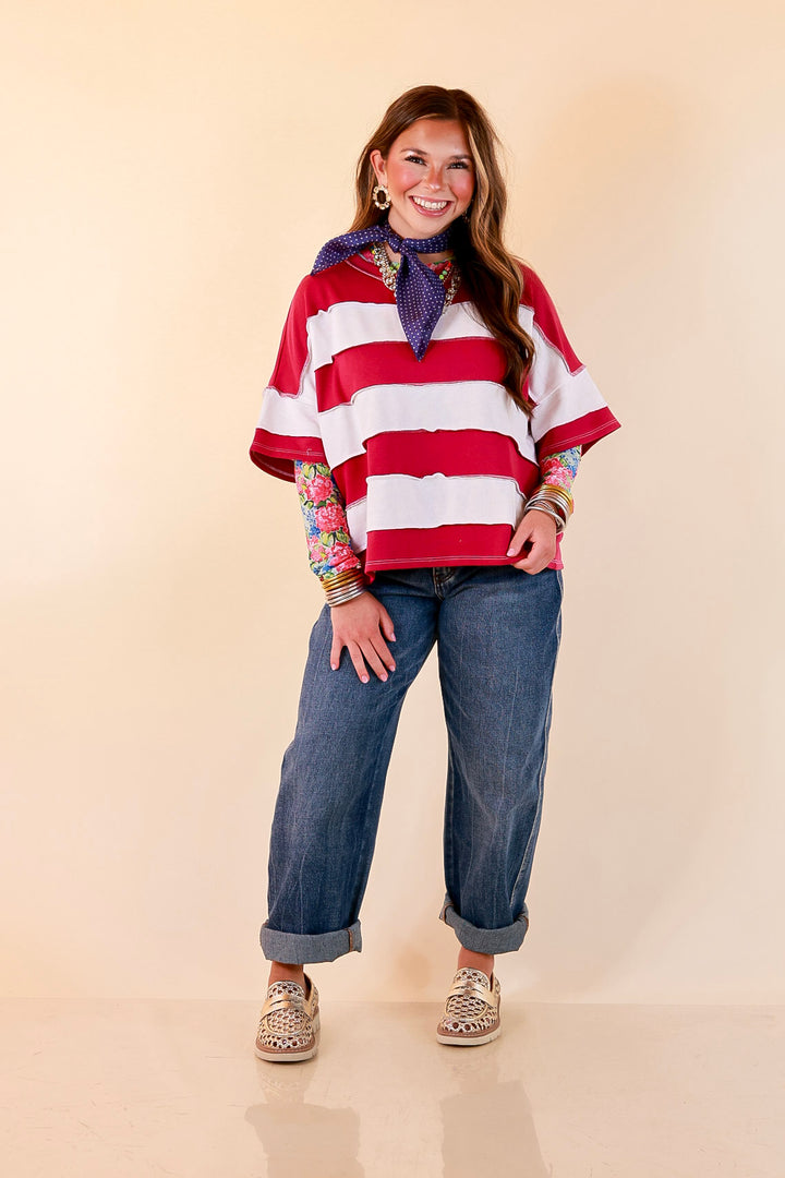 Simply Styled Color Block Rugby Style Relaxed Short Sleeve Top in Magenta Purple