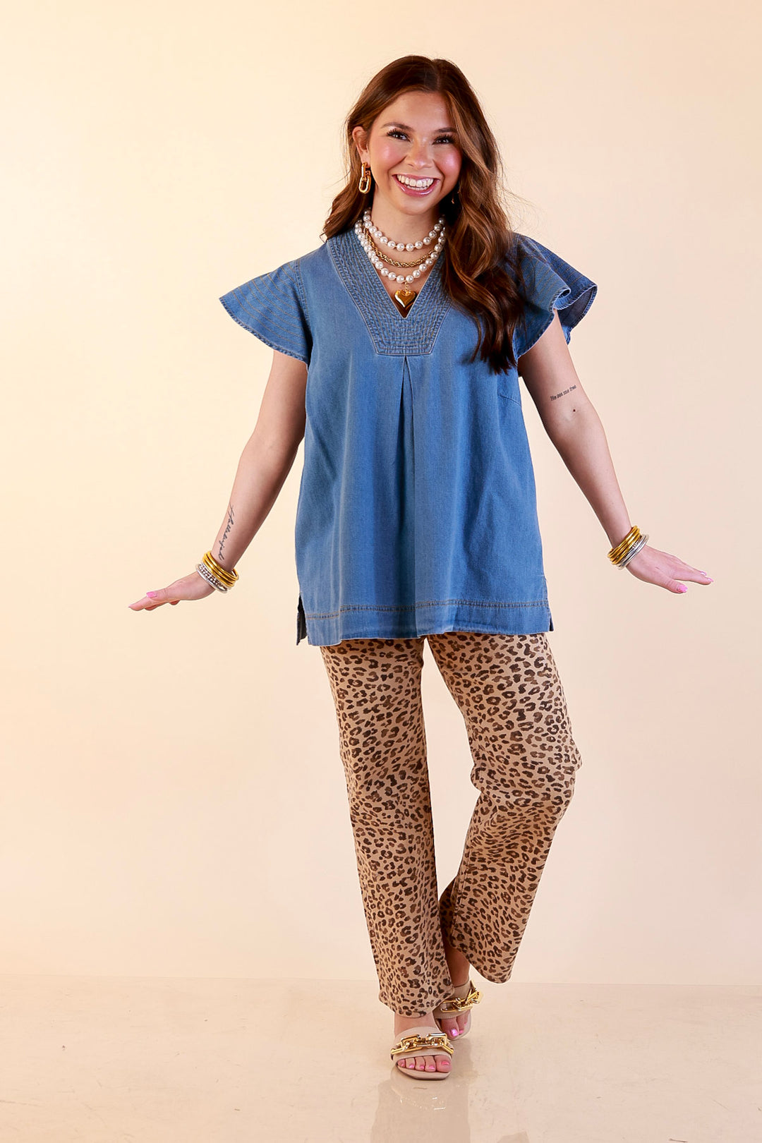Clean and Collected V Neck Denim Top with Stitch Detail and Drop Shoulder Cap Sleeve in Medium Wash