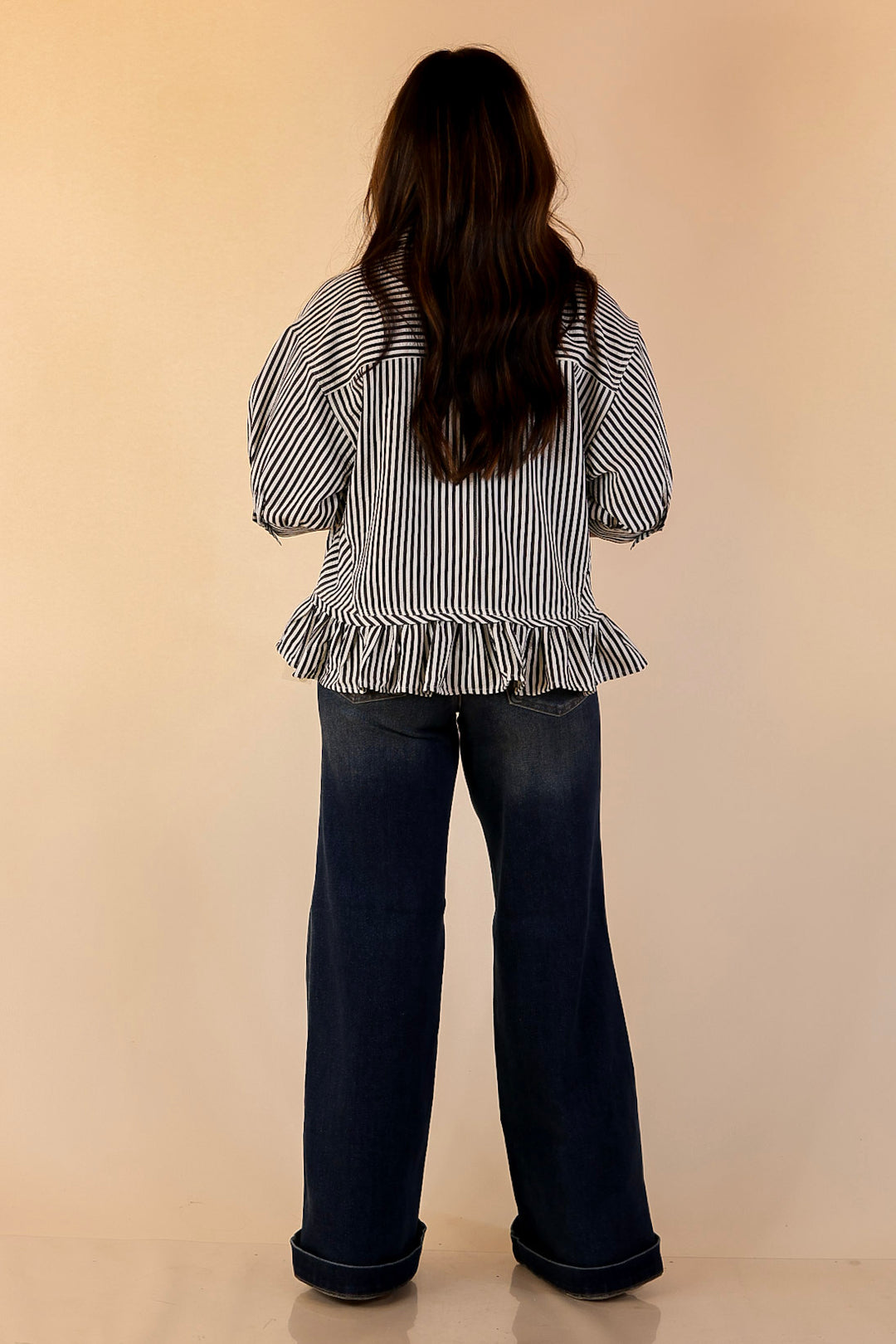 Style Agenda Striped Button Down Collared Top with Ruffle Peplum in Black