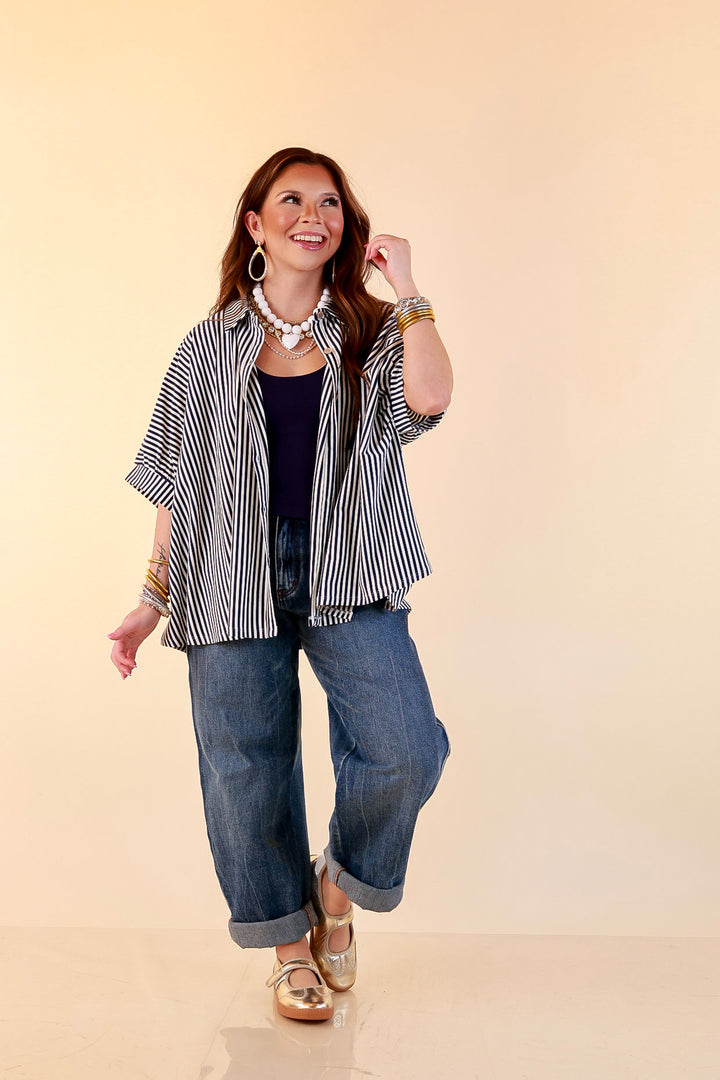 Perfectly Aligned Button Down Collared Top with Vertical Ivory Stripe Detail in Navy Blue