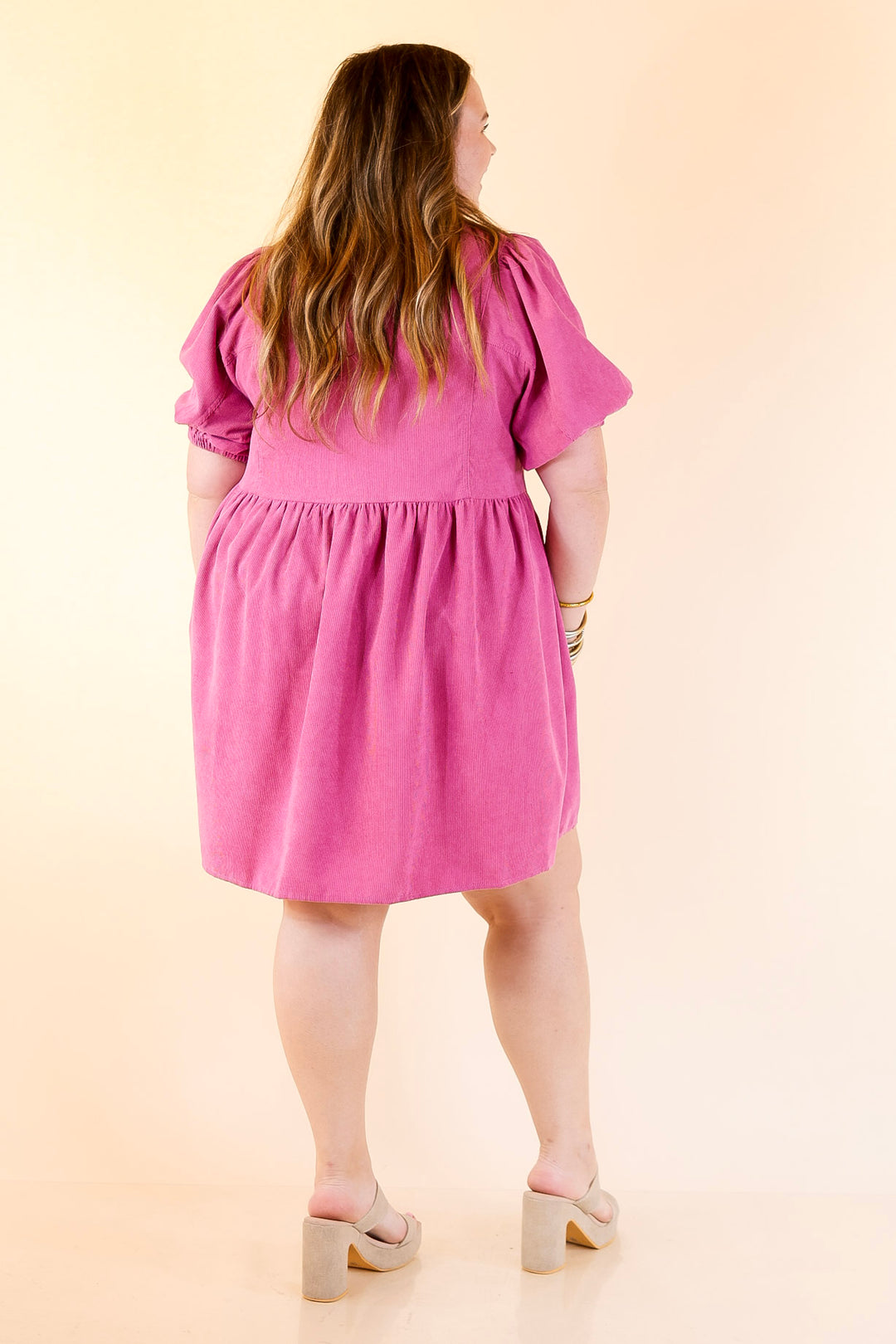 Adventures Ahead Button Up Corduroy Babydoll Dress in Magenta Pink Purple