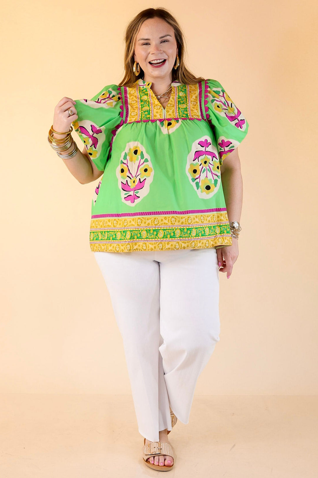 Floral Blush Short Sleeve Floral Shirt With Purple Rickrack in Green