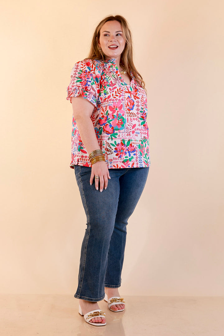 Blooming Grace Floral Print Top with Split Neckline and Puff Sleeves in Blush Mix