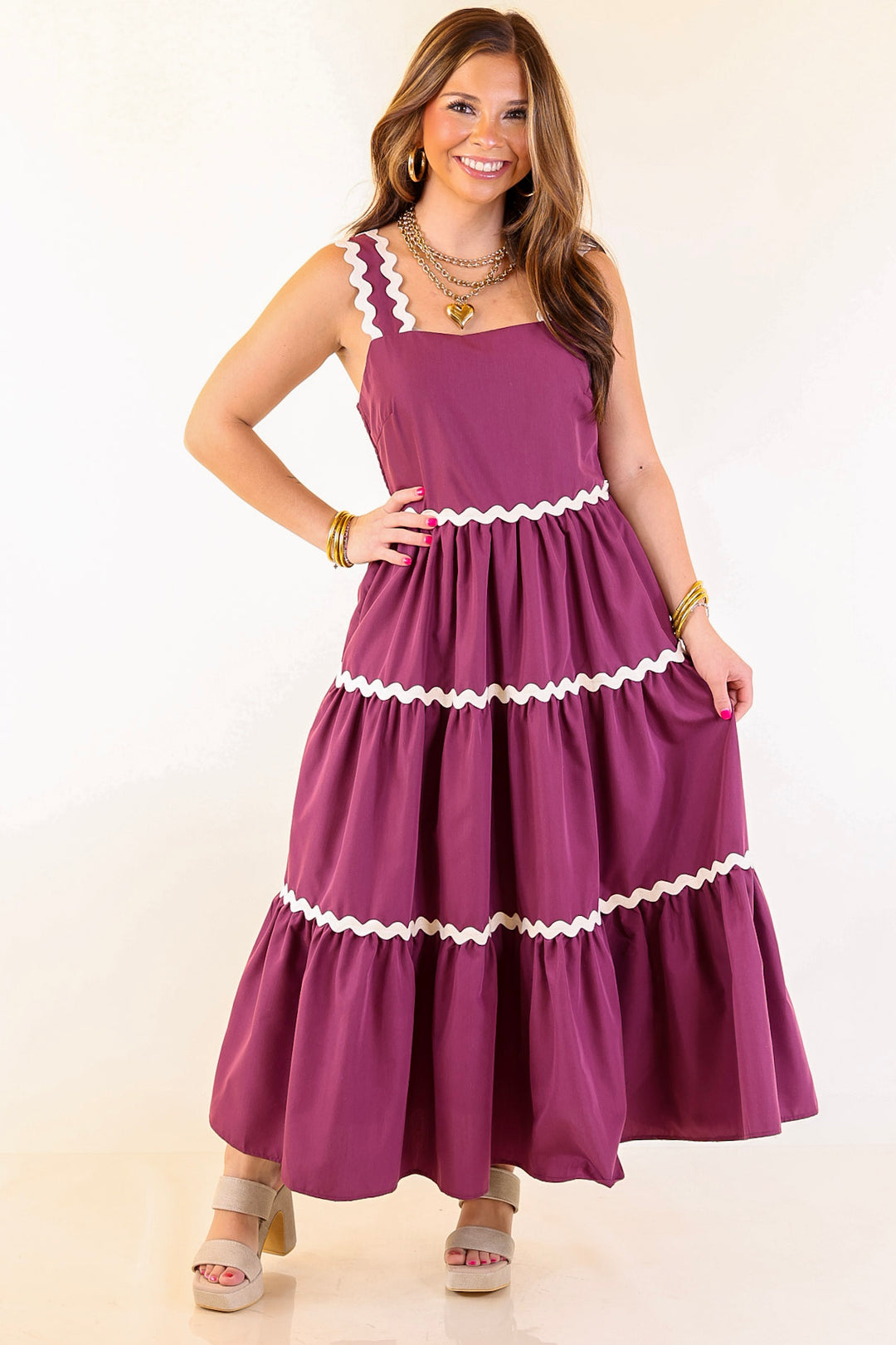 Timeless Twirl Midi Dress with Rickrack Detailing in Plum Maroon