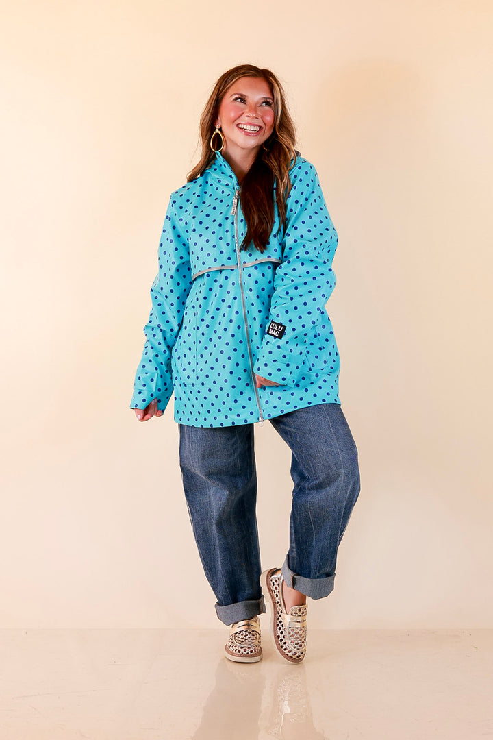 Lulu Mac | Chic Forecast Navy Blue Polka Dot Hooded Rain Jacket in Turquoise Blue