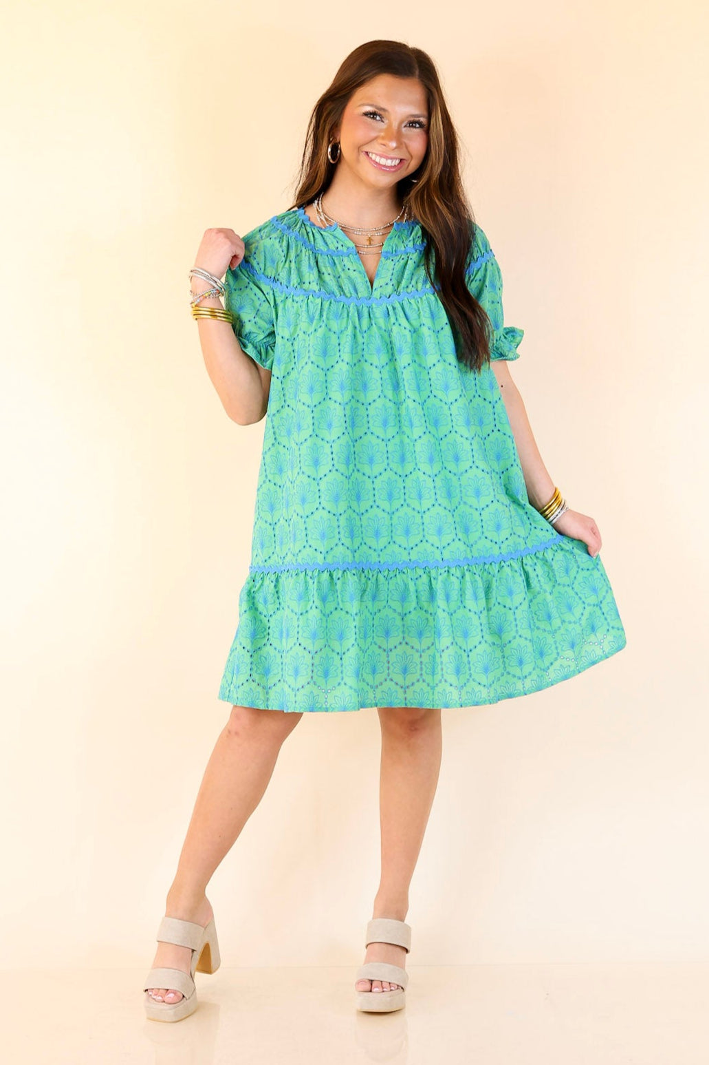 Sweet & Sassy Puff Sleeve Blue Embroidered Eyelet A-Line Dress in Green