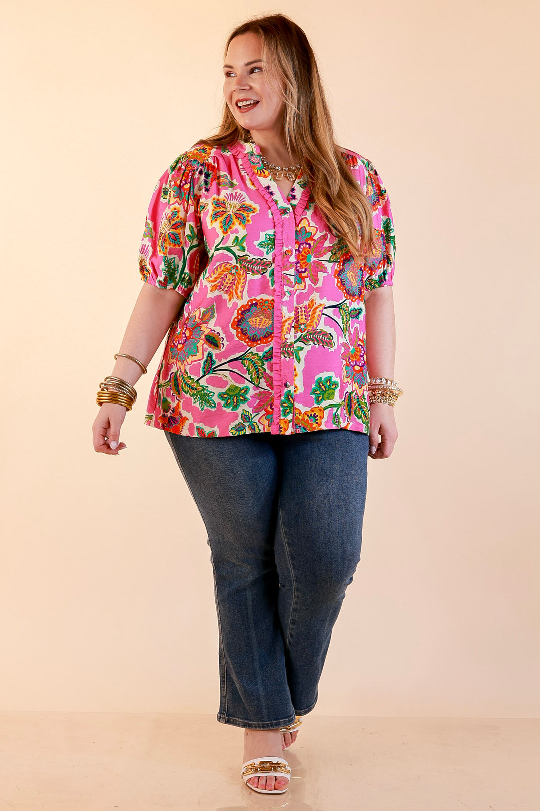 Petal Pop Floral Print Ruffle Front Button Up Top with Puff Sleeves in Pink