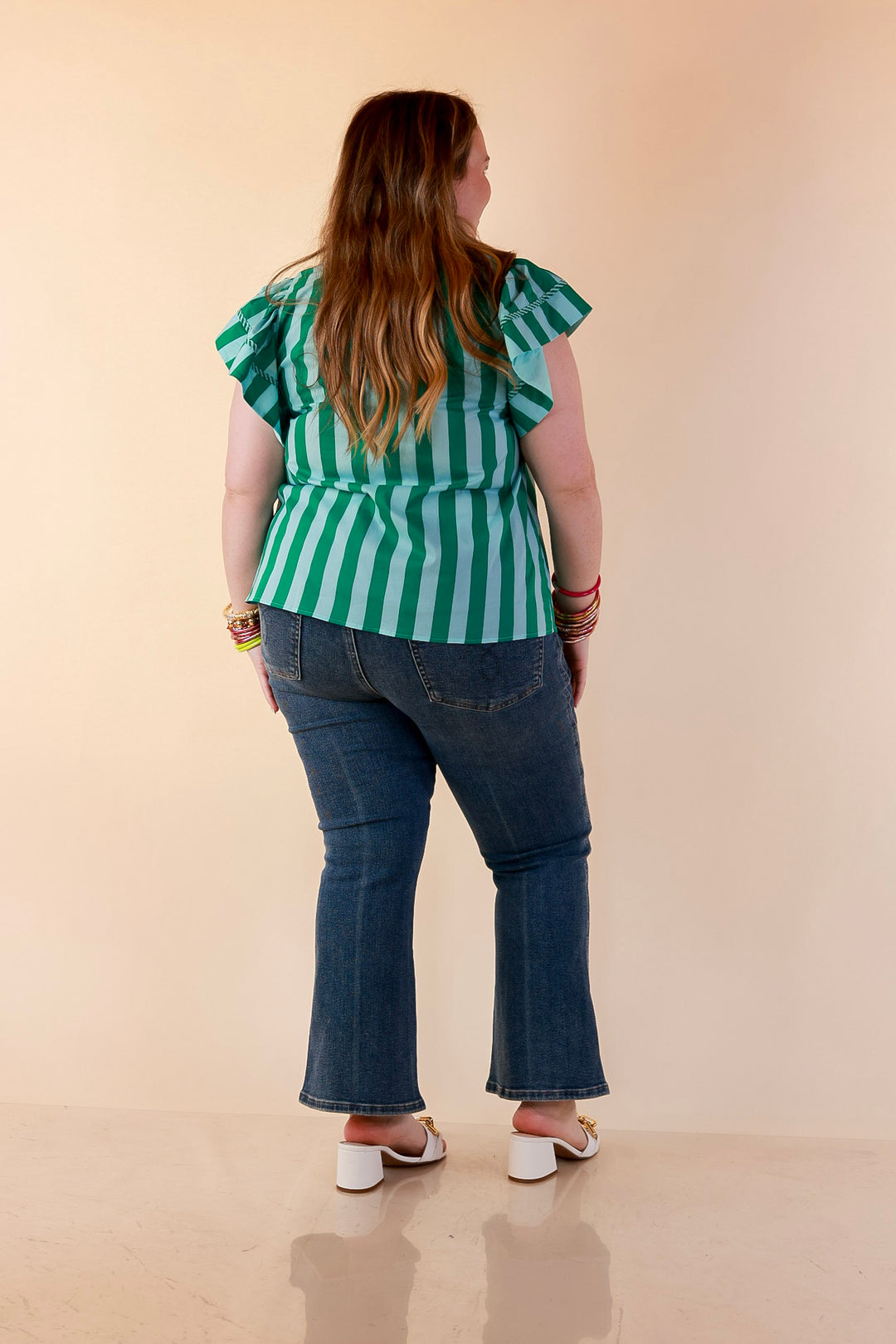 Simply Refined Striped Short Ruffle Sleeve Split Neck Stripe Top in Green and Blue