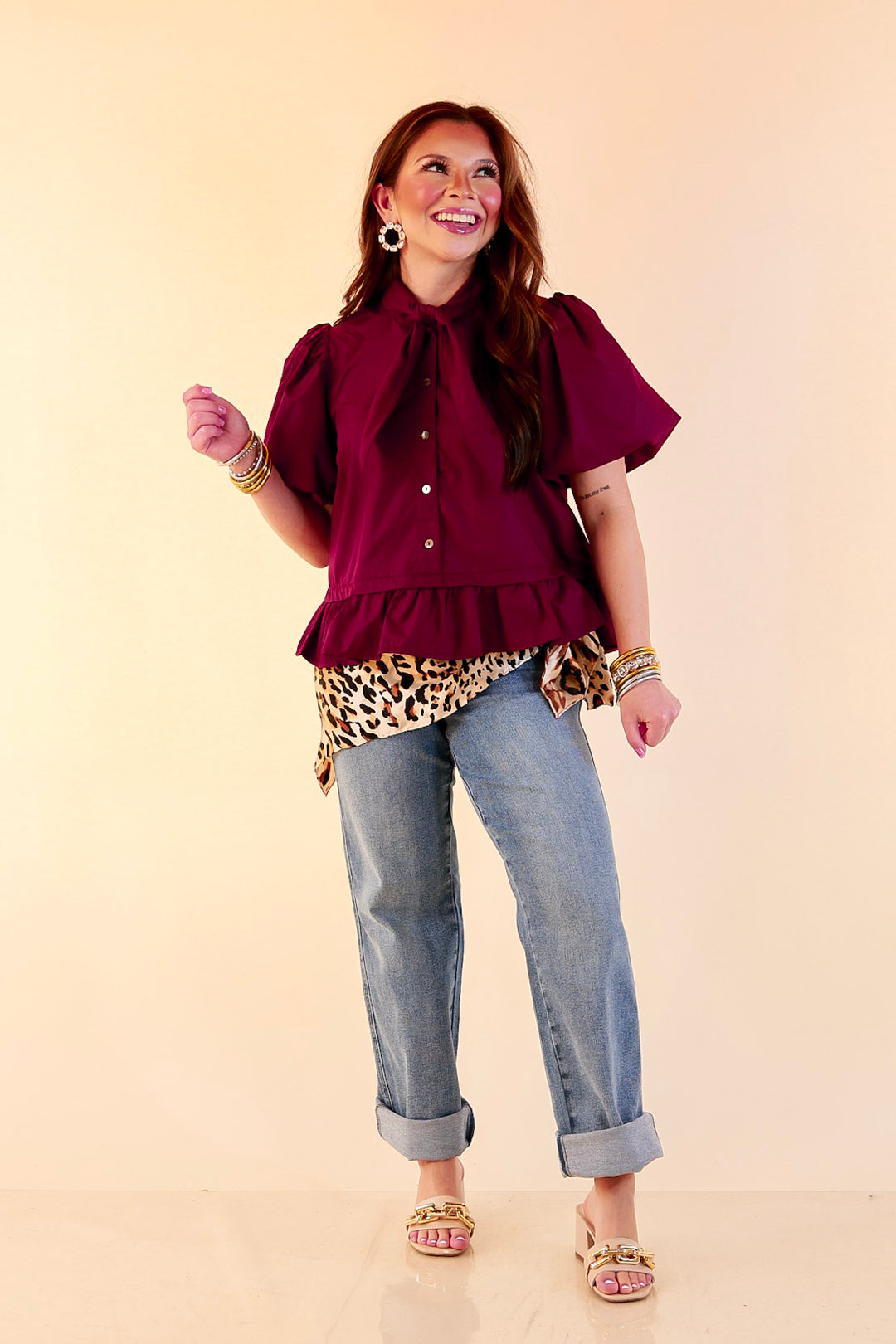 Present Company Solid Button Down Peplum Bubble Sleeve Tie Collar Top in Maroon