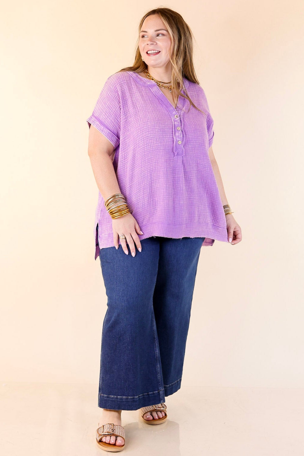 Simple Statement Quarter Button Up Short Drop Sleeve Shirt in Purple