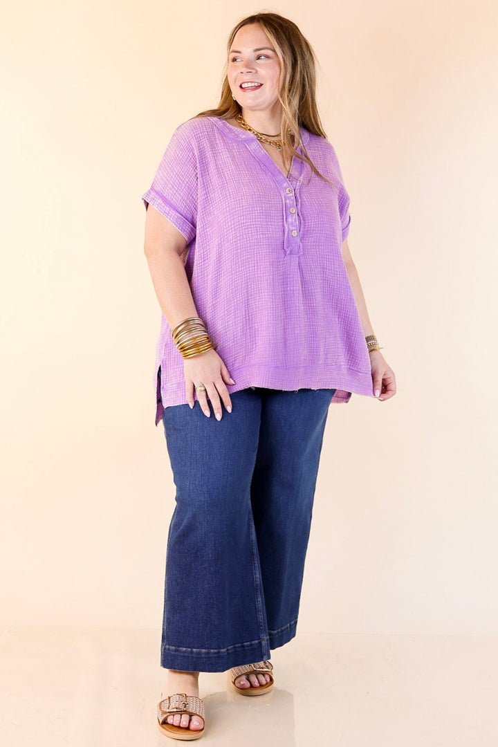 Simple Statement Quarter Button Up Short Drop Sleeve Shirt in Purple