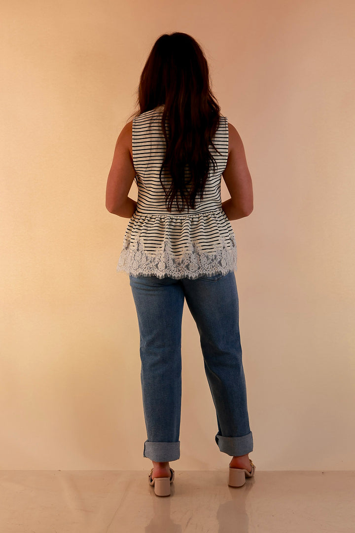 Sweet on Style Striped Peplum Sleeveless Tank Top with Lace Trim Detailing in Ivory and Black