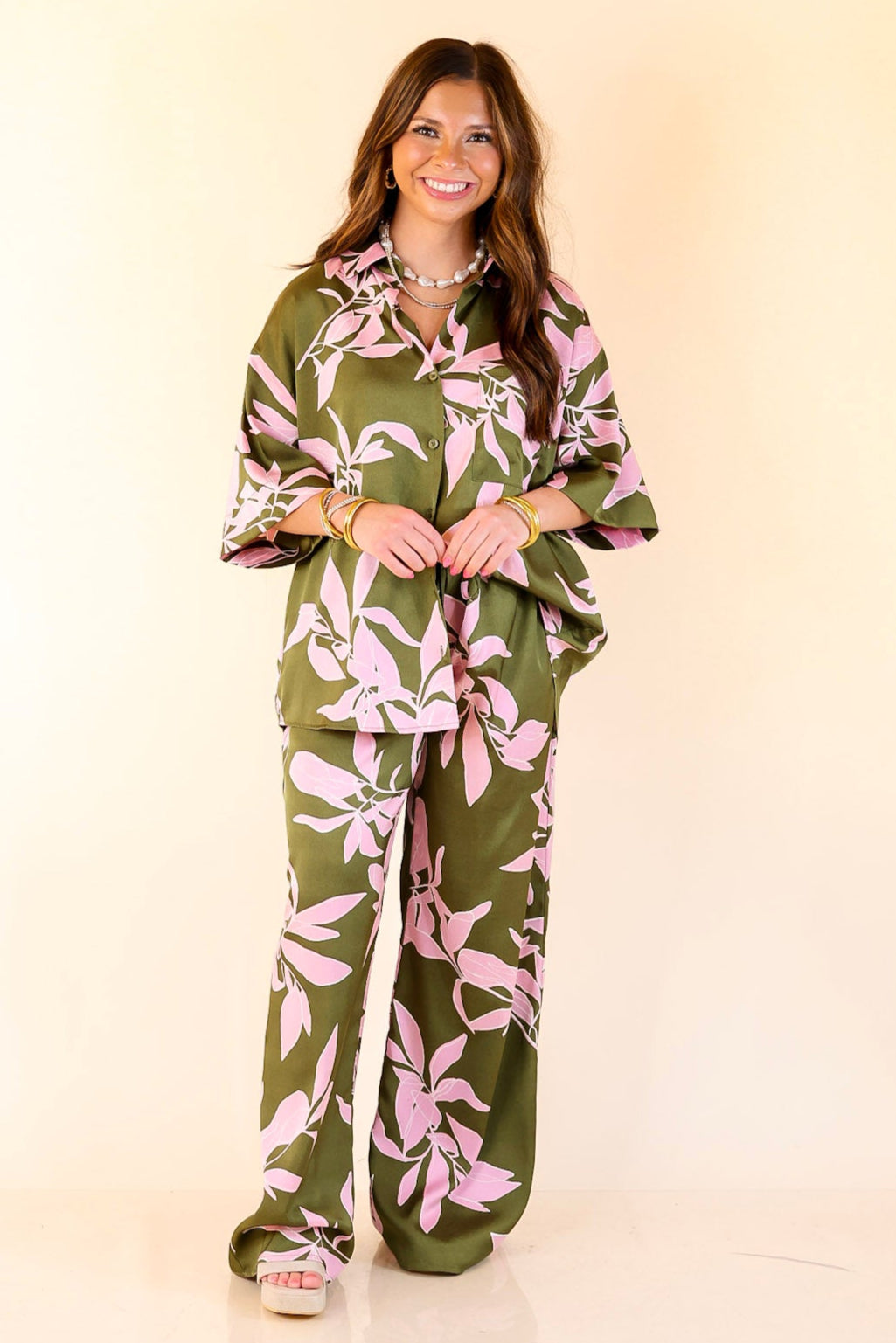 Calm and Collected Drawstring Bottoms with Pink Leaves in Olive Green