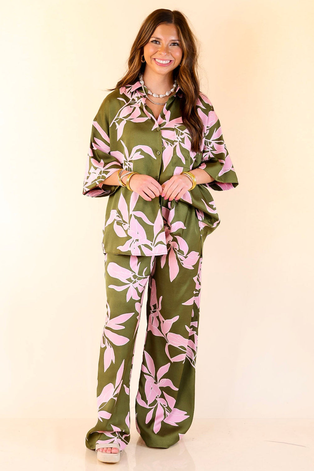 Calm and Collected Button Up Top with Pink Leaves in Olive Green