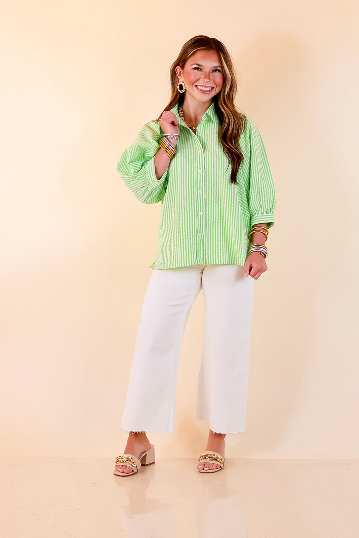 Crisp and Collected Stripe Button Front Collared Top with Puff Short Sleeves in Lime Green and White