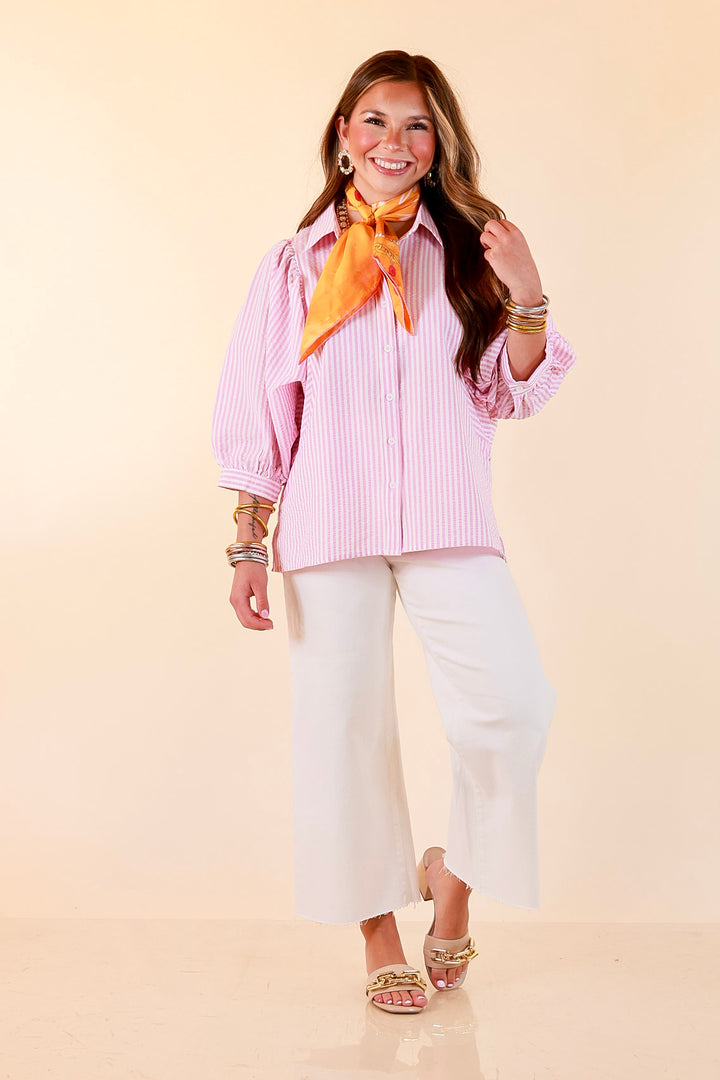 Crisp and Collected Stripe Button Front Collared Top with Puff Short Sleeves in Pink and White