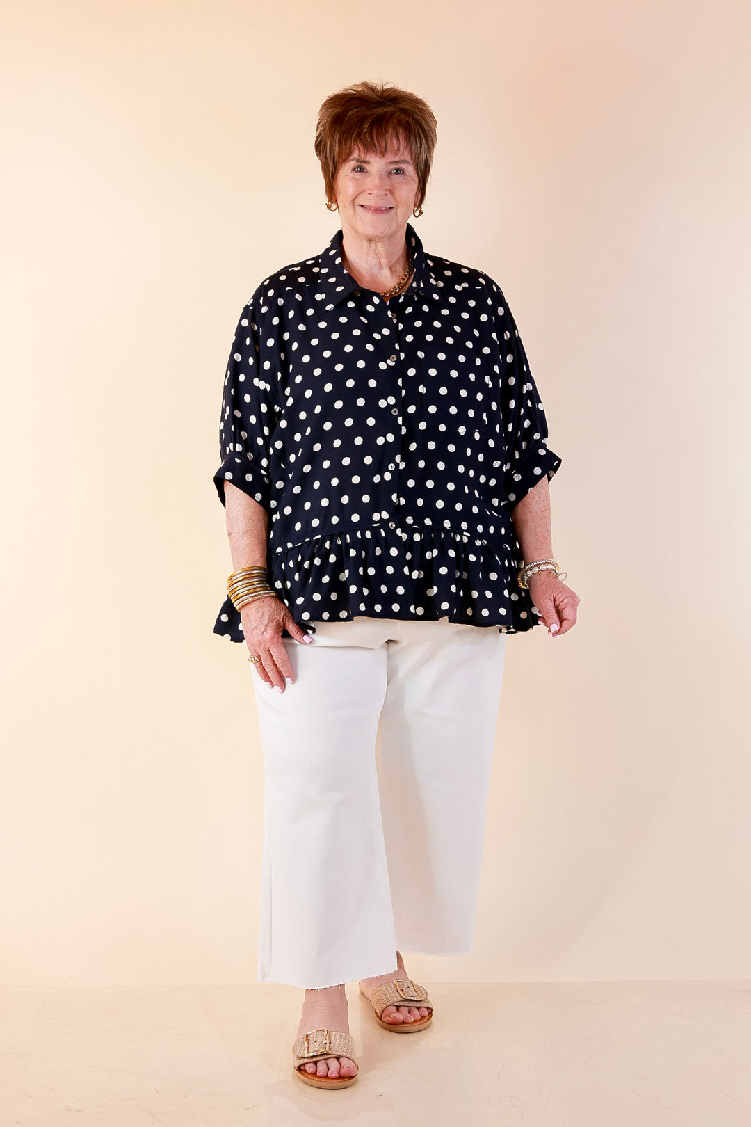 Style Agenda Button Down Peplum Top with Polka Dot Print in Navy Blue with Cream Dots