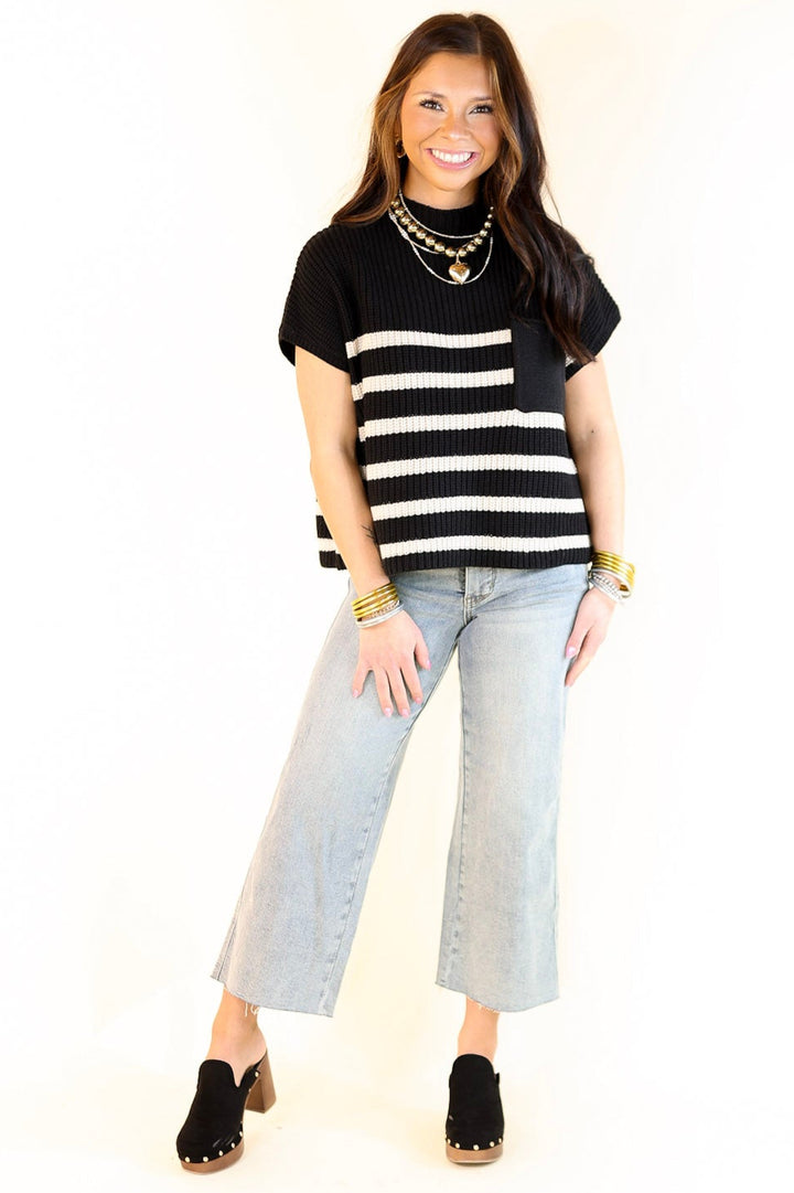 Repeat Worthy Striped Cap Sleeve Cropped Sweater with Front Pocket in Black