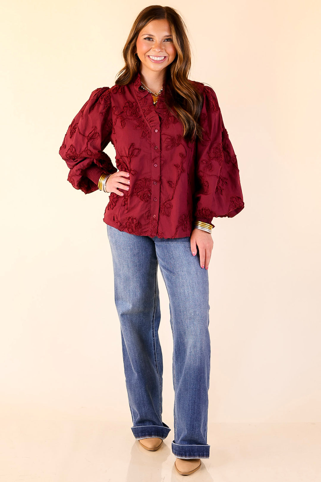 Timeless Romance Ruffled V Neck Floral Applique Embroidered Top in Maroon