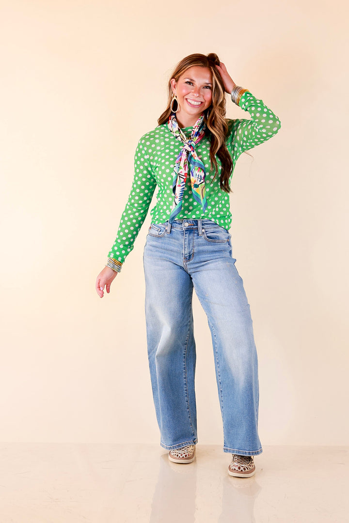 The Essential Layer Polka Dot Print Sheer Mesh Long Sleeve Top in Kelly Green